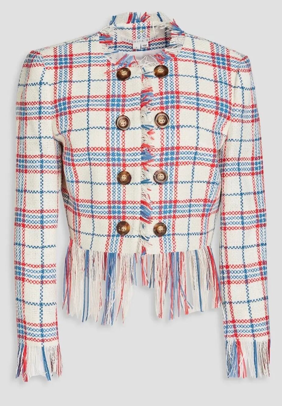 Veronica Beard Marlton Fringed Checked Tweed Jacket size Medium 8